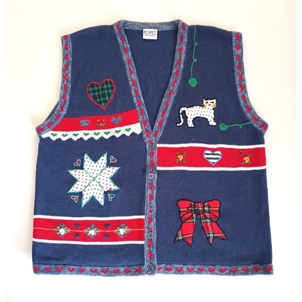 VTG 90s Cat Lover Blue Cotton Sweater Vest Applique Sz 1X